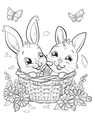 Coloring book for kids. Easter bunny peeks out of a basket of eggs and smiles.