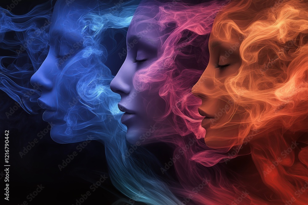 Poster Faces merging with abstract elements like smoke or waves.