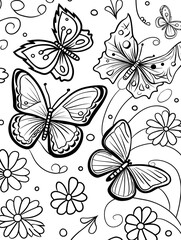 Coloring book. Butterfly among flowers. Black and white illustration for coloring.