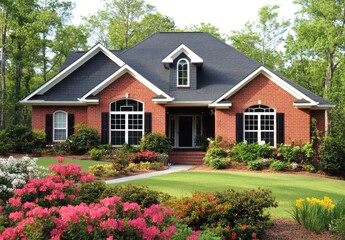 an elegant brick and gray shingle house, surrounded by lush greenery with flowers blooming in the front yard