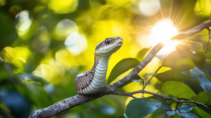 Fototapeta premium Snake basking on branch, sunlight bokeh.