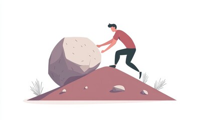 Business man pushing large stone up to hill , Business heavy tasks and problems concept., Generative AI