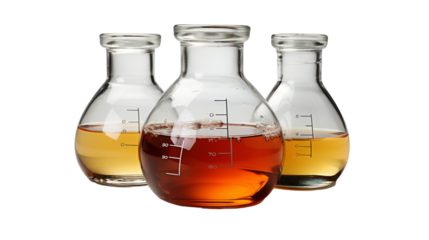 Three Glass Flasks with Amber and Yellow Liquids, Chemistry Experiment and Scientific Analysis, transparent background.