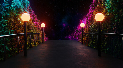 vibrant pathway illuminated by glowing lamps, surrounded by colorful foliage, creates magical atmosphere under starry sky