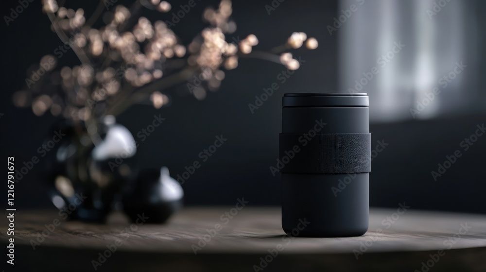 Poster black cylindrical container with a lid on a wooden table. the container appears to be made of plasti