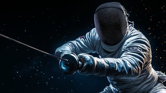 A fencer wearing protective gear and holding a foil in a fencing match.