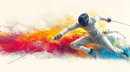 Naklejka premium A fencer in action, dressed in white fencing attire and protective gear, expertly handling a foil weapon with precision and skill.