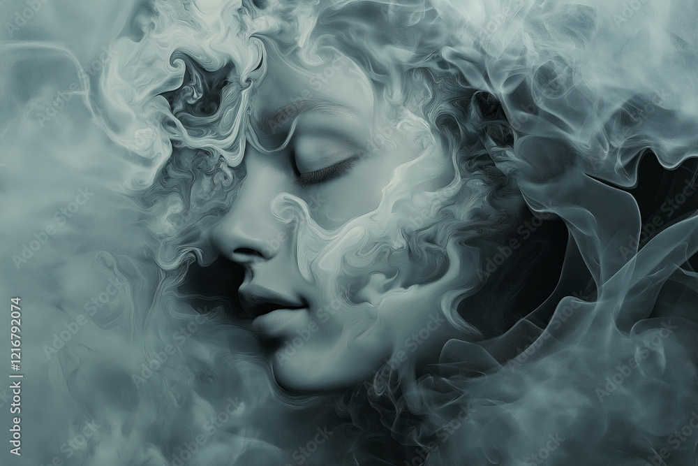Poster Faces merging with abstract elements like smoke or waves.