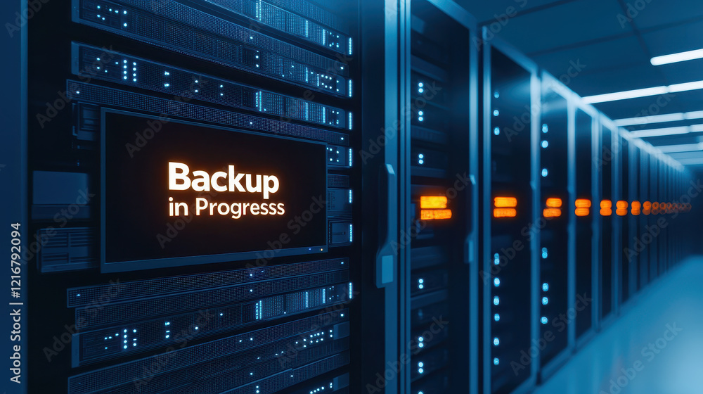 Aufkleber backup in progress on server racks with blue lighting and digital displays