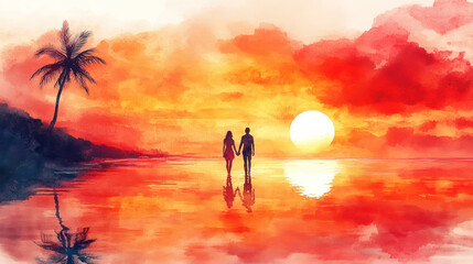 Fototapeta premium Colorful watercolor painting of a couple holding hands watching the sunrise on the beach