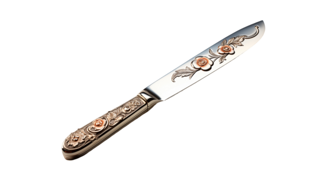 Silver Butter Knife with Floral Design and Rose Gold Accents, Luxury Cutlery for Branding Projects, transparent background.