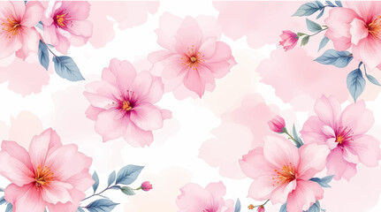 Seamless pattern with Pink flowers painted in watercolor style on a white background, elegant floral design