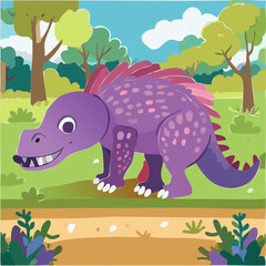 Purple dinosaur in the park. vector illustration of a cartoon dinosaur.