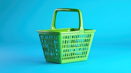Fototapeta premium Green shopping basket on blue background; online shopping concept (1)