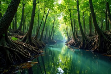 Obraz premium Dense mangrove forest with tangled roots and seaweed, trees, estuaries, slow waters