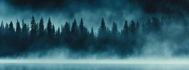 Beautiful Tranquil Lake Surrounded by Pine Trees in a Foggy Forest, Representing Nature, Serenity, and Calmness in a Minimalist Landscape.