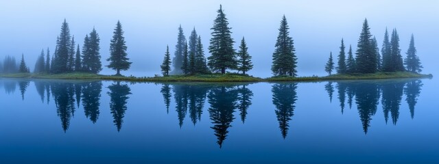 Obraz premium Beautiful Tranquil Lake Surrounded by Pine Trees in a Foggy Forest, Representing Nature, Serenity, and Calmness in a Minimalist Landscape.