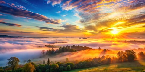 Obraz premium A serene landscape with a vibrant sunrise breaking through the clouds and illuminating the misty atmosphere , vast landscape, soft colors