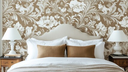 Vintage-inspired damask wallpaper in warm bronze and cream tones, with seamless floral and vine motifs