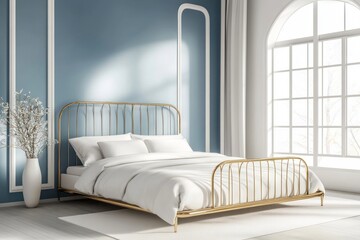 Fototapeta premium Elegant Gold Metal Bed in a Blue and White Bedroom