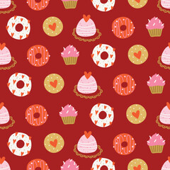 Valentine's Day seamless pattern with donuts, cookies, hearts, cakes on dark red background. Perfect for wallpaper, gift paper, romantic greeting cards. Vector hand drawn illustration