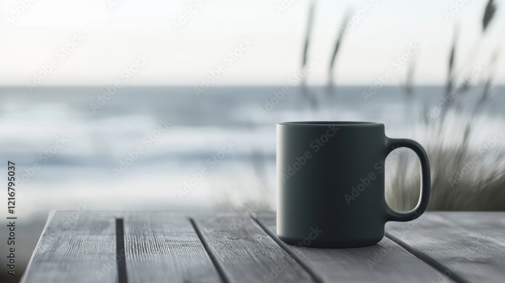 Poster close-up of a black coffee mug on a wooden table. the mug is empty and is facing towards the right s