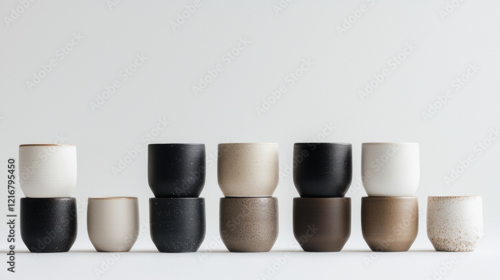 Aufkleber group of nine small ceramic cups arranged in a row on a plain white background. the cups are of diff
