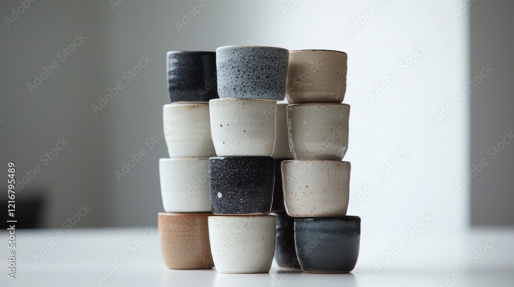 Aufkleber stack of small ceramic cups arranged in a pyramid-like structure on a white surface. the cups are of