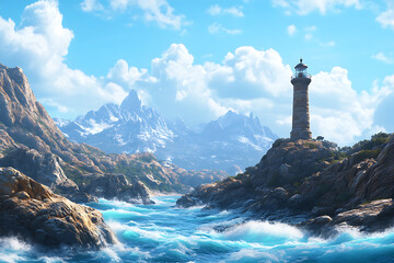 Photorealistic image of a lighthouse standing tall amidst a wild and turbulent sea, illuminated by a vibrant blue sky. Waves crash against the rocky base, capturing the dramatic essence of nature.

