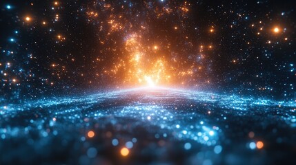 Abstract Glowing Particles Background With Blue And Orange Light Effects