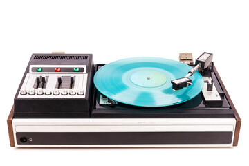 Fototapeta premium Vintage turntable record player with turquoise vinyl isolated on white background.