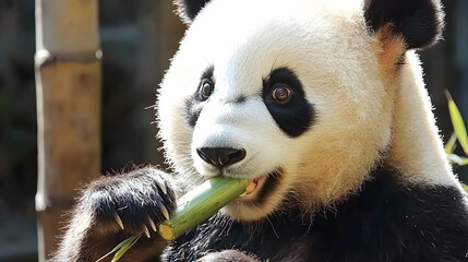 Naklejka premium A close-up of a panda eating bamboo, captured in natural habitat
