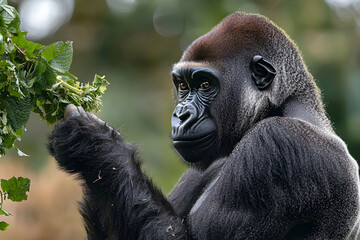 Obraz premium A close-up of a gorilla interacting with its environment in the wild