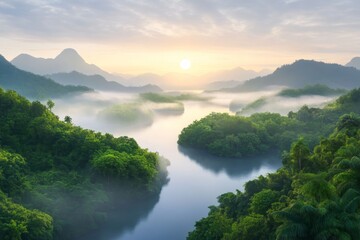 Naklejka premium Serene sunset view over a tranquil river surrounded by lush green forests and misty mountains. Generative AI