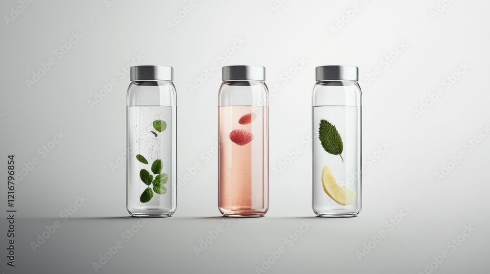 Poster three glass water bottles with silver lids. the bottles are arranged in a triangular formation, with