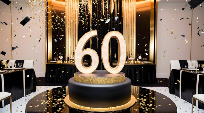 A glamorous 60th birthday celebration featuring a black and gold cake, highlighted by sparkling decorations and festive confetti.