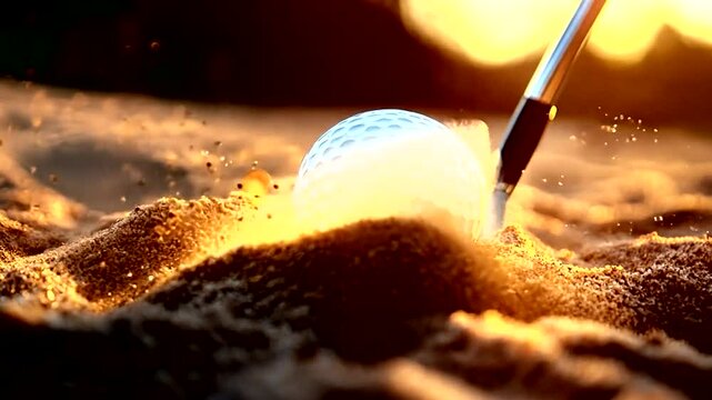 Golf ball being hit out of a sand trap at sunset