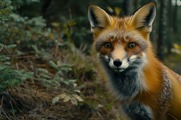 Fototapeta premium Close-up of a fox hunting in the forest, alert and focused