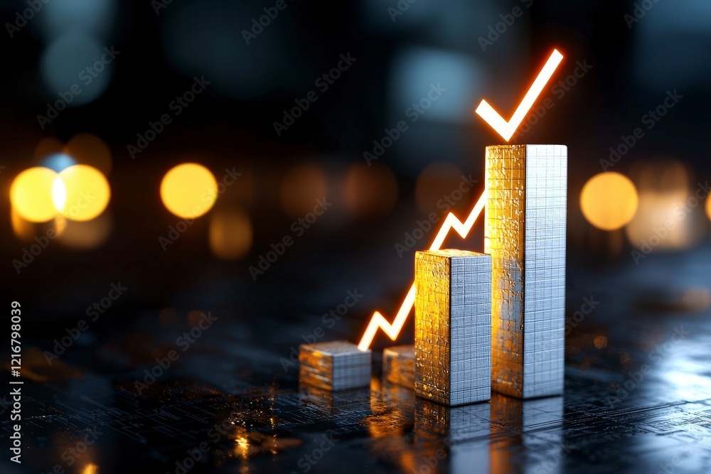 Poster increasing business performance with metallic bar graph in abstract night setting with glowing effec
