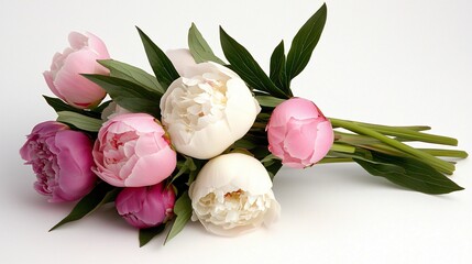 Pink and white peonies bouquet on white background.