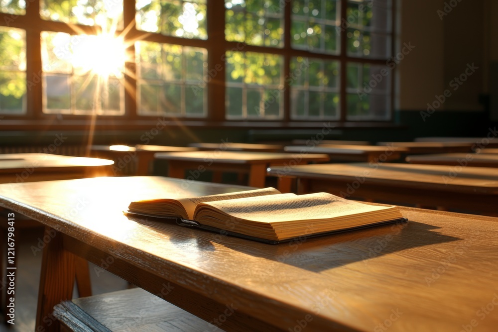 Poster open book on school desk with sunlight streaming through windows in empty classroom setting
