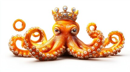 Obraz premium A whimsical orange octopus wearing a crown, adorned with pearls, surrounded by floating rings, evoking a playful underwater royalty theme.