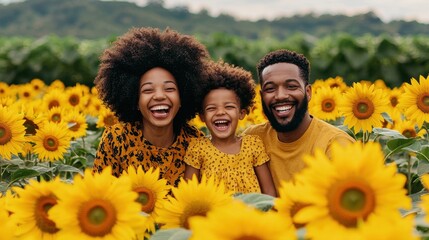 A joyful family smiles together in a sunflower field, capturing a moment of happiness and togetherness amidst vibrant blooms.