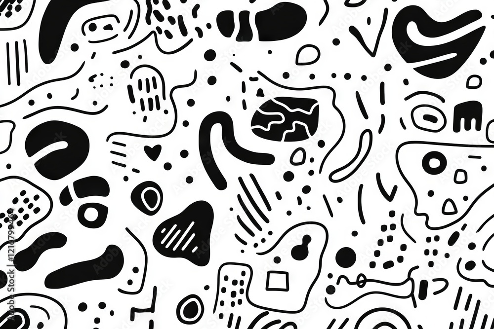 Poster a black and white drawing of a pattern with many shapes and lines