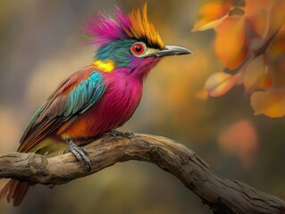 Obraz premium Colorful bird on branch, autumn leaves background, nature illustration, wildlife art