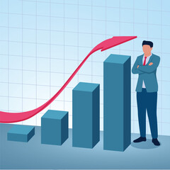 A man stands next to a rising graph. Illustration for increasing investment profits, stock gains and investment value increase.
