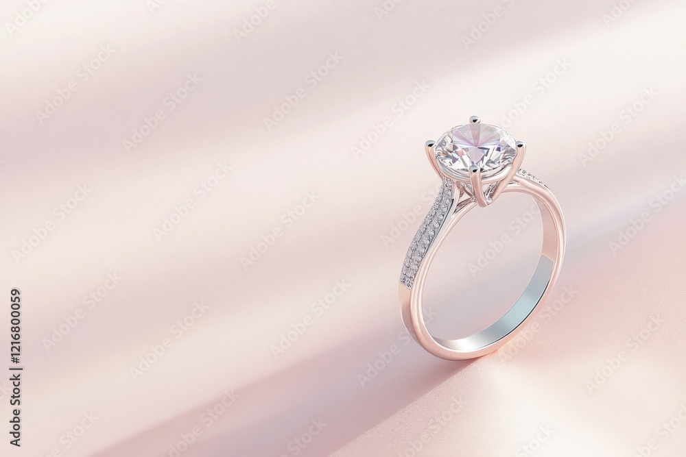 Poster unique hexagonal engagement ring with intricate band design highlighted against a soft and minimalis