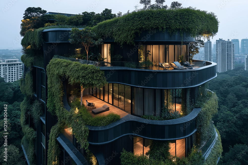 Poster a world where buildings blend with natural elements in unexpected ways