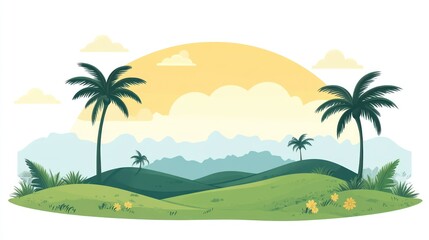 Fototapeta premium Serene landscape with palm trees, hills, and sunset.
