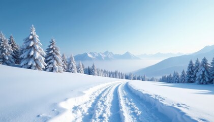 Vast snowy landscape, clear sky, winter wonderland, graphic, pristine